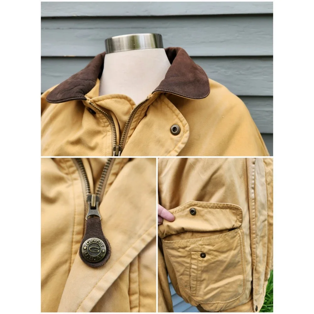 Vintage Gant The Aviator Jacket Mustard Tan Leather Collar Bomber XL Portugal‎